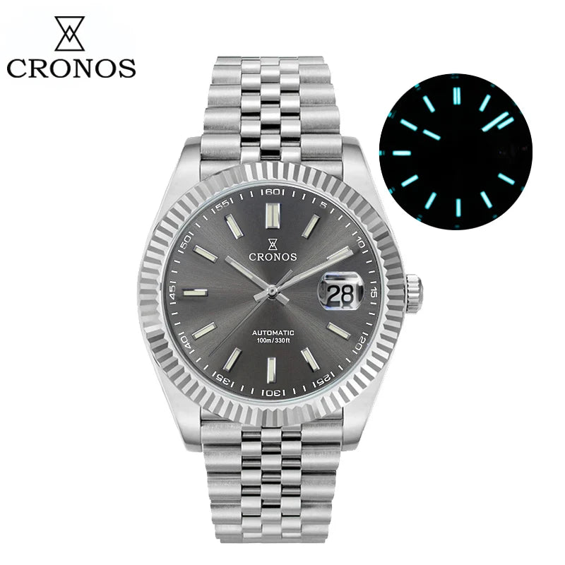 Cronos DateJ Luxury Men's Watch, Stainless Steel 5 Links Bracelet, PT5000 Miyota 9015, 100m Water Resistant, Sapphire
