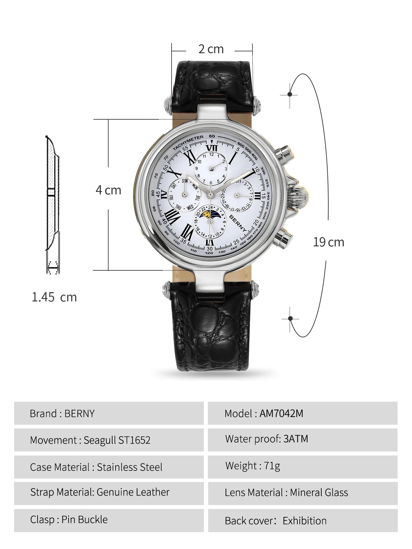 BERNY Classic Dress Automatic Watch for Men Luxury Stainless Steel Mechanical Wristwatch Leather Strap Waterproof Sliver Watches