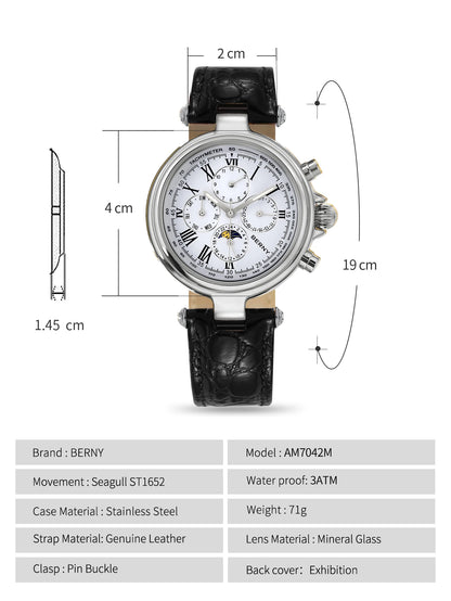 BERNY Classic Dress Automatic Watch for Men Luxury Stainless Steel Mechanical Wristwatch Leather Strap Waterproof Sliver Watches