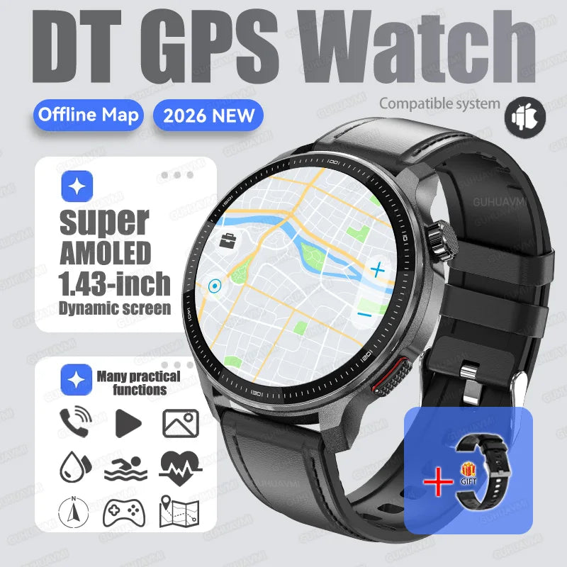 New GPS Offline Maps Smart Watch Men Memory 3D Menu Styles TWS MP3&MP4 Player 1.43"AMOLED Compass Sport Swim Waterproof Bracelet