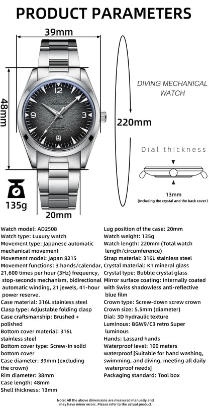 ADDIESDIVE AD2508 Man Diving Watch Luminous 100M Waterproof 316L Stainless Steel 8215 Movement Automatic Mechanical Watch reloj