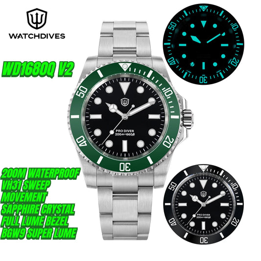Watchdives WD1680Q V2 VH31 Sweep Second Quartz Watch Ceramic Bezel Ar Sapphire Bgw9 200M Waterproof 316L Wrist Watch Men Watches