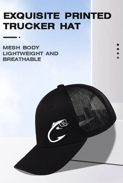 Trucker-kasket med bass-fiskekrog-print, justerbar, unisex, mesh, til fiskeentusiaster, solhat