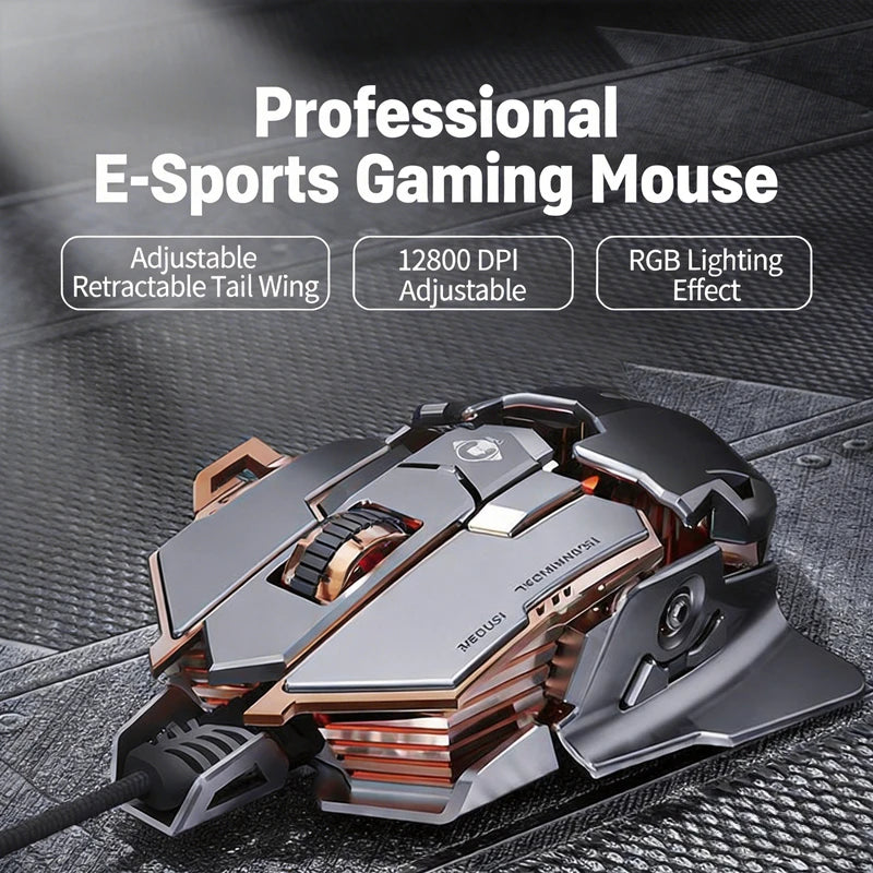 Rato Gaming com Fio Mecânico E-sports G5 RGB, 9 Botões, Programação Macro, Silencioso, 12800 DPI, para Computador de Secretária e Portátil