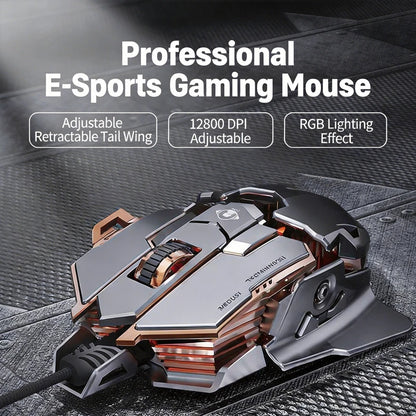 Rato Gaming com Fio Mecânico E-sports G5 RGB, 9 Botões, Programação Macro, Silencioso, 12800 DPI, para Computador de Secretária e Portátil