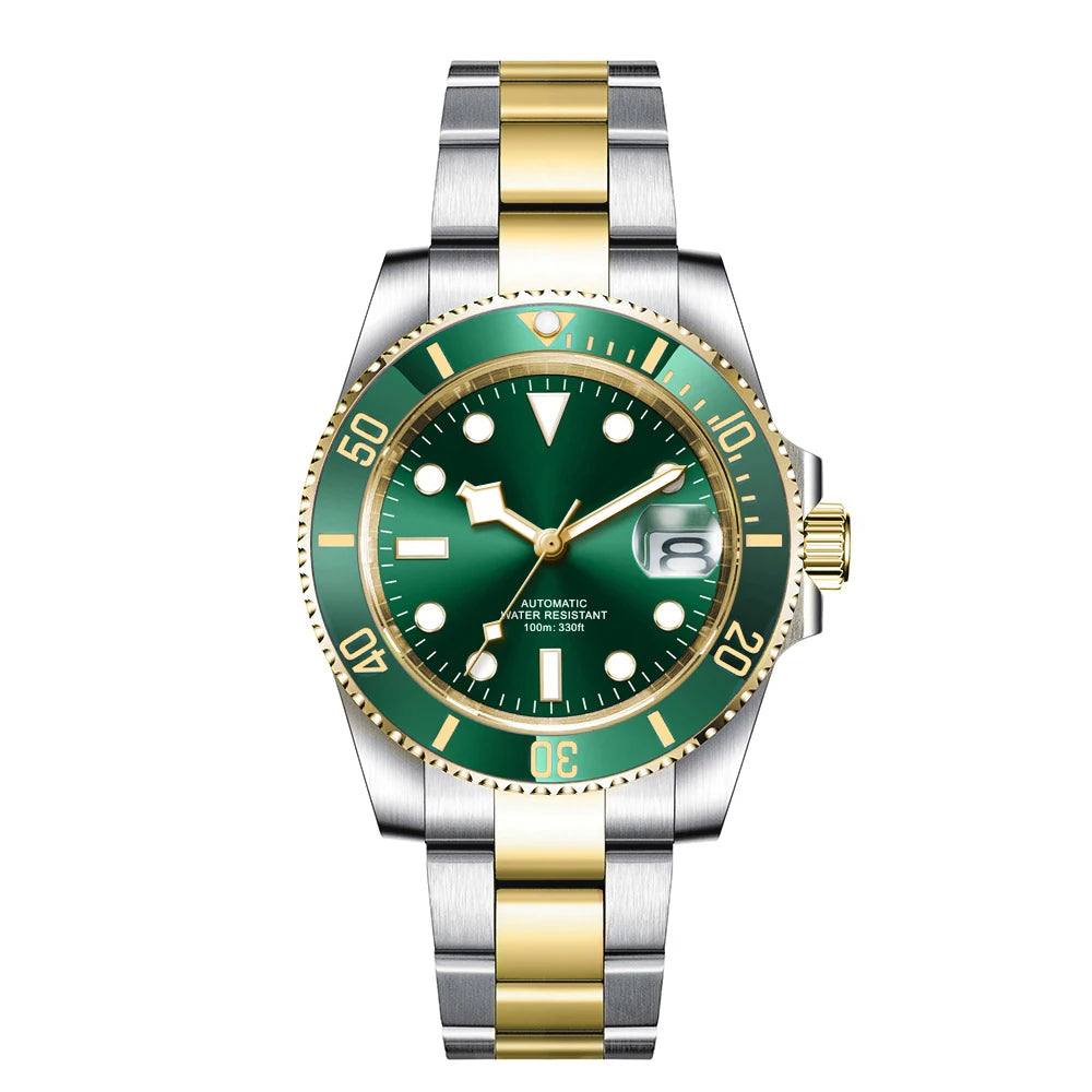 Custom logo NH35 MIYOTA 8215 Automatic Men Watch Luxury Diver Two Tone Gold 316L Stainless Steel Sapphire 10ATM Sterile  Sunburs