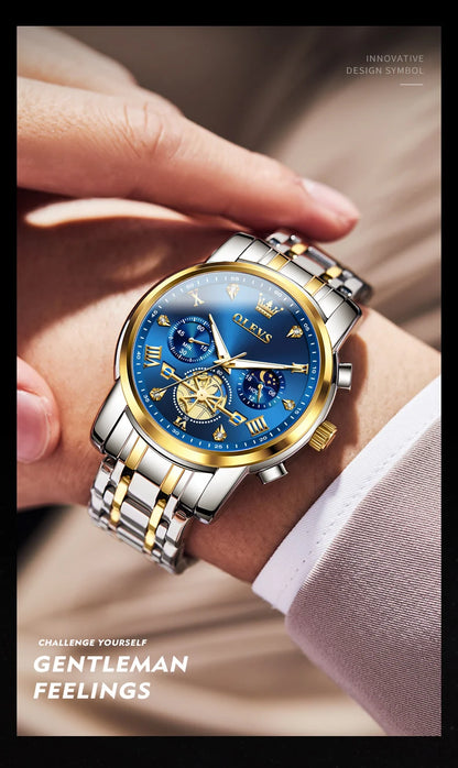 OLEVS Men's Watches Classic Multifunctional Flywheel Chronograph Original Quartz Wristwatch Moon Phase 24 Hour Waterproof Watch