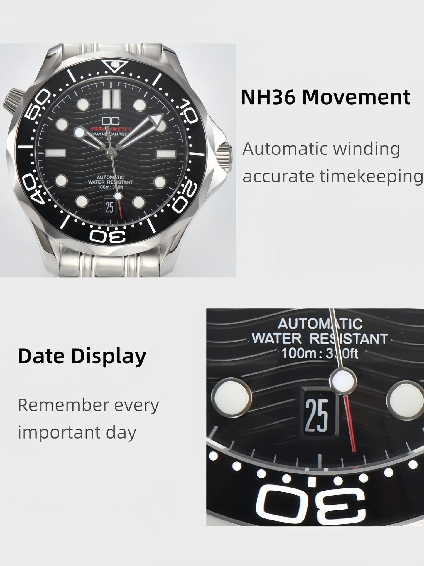 DWAYNE CAMPBELL Top Luxury NH35 Men's Automatic Mechanical Watch Ceramic Bezel Waterproof Classic Business Wristwatch