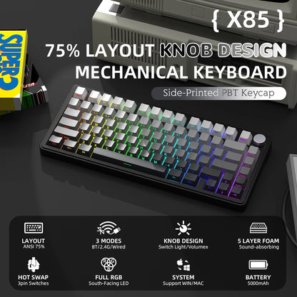 Teclado mecánico ATTACK SHARK X85 trimodo Gasket 75% con perilla CNC, acolchado de 5 capas, hot-swap, retroiluminación RGB y NKRO