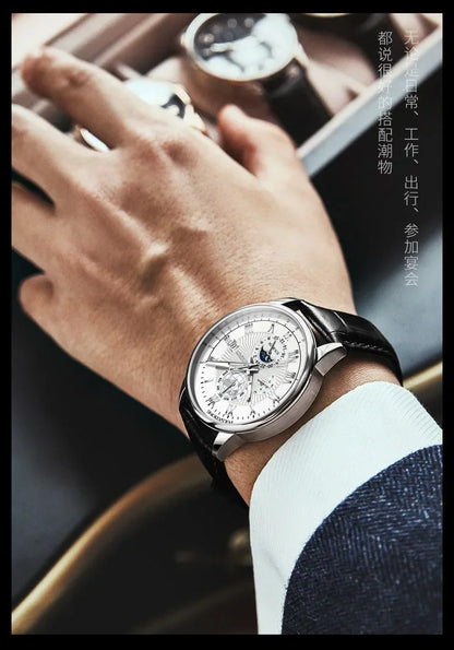 Men’s Luxury Sport Quartz Watch -  Waterproof Luminous Dial, Leather Strap & Date Display