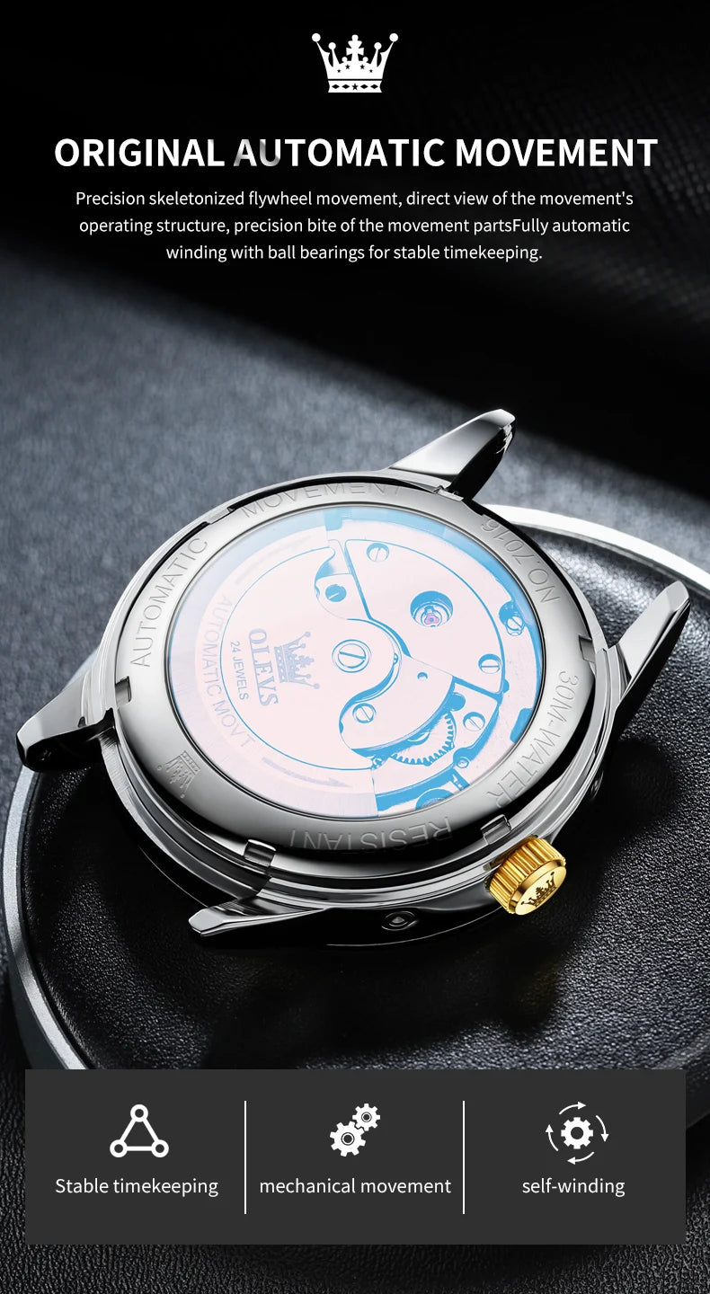 OLEVS 7016 Luxury Automatic Watch Men Skeleton Tourbillon Moon Phase Calendar Waterproof Stainless Steel Mechanical Wristwatch