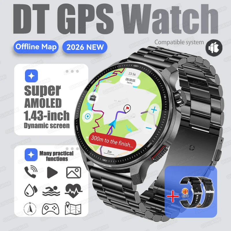 New GPS Offline Maps Smart Watch Men Memory 3D Menu Styles TWS MP3&MP4 Player 1.43"AMOLED Compass Sport Swim Waterproof Bracelet