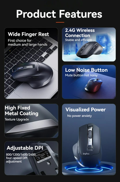 Inphic M9 Kabellose Maus 2.4G USB-Empfänger Wiederaufladbar Type-C Stummschaltungstaste Energieanzeige Ergonomische universelle Office-Maus