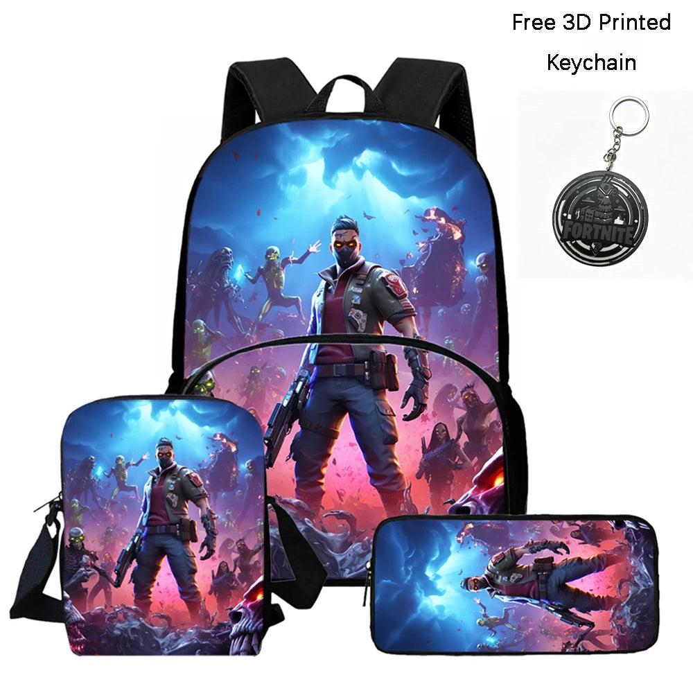 FORTNITE 3-Piece School Backpack Set with Front Pocket Bag, Crossbody Bag, and Pencil Case for Ages 5-10 Boys and Girls, Lightweight, Includes Free 3D Printed Keychain
