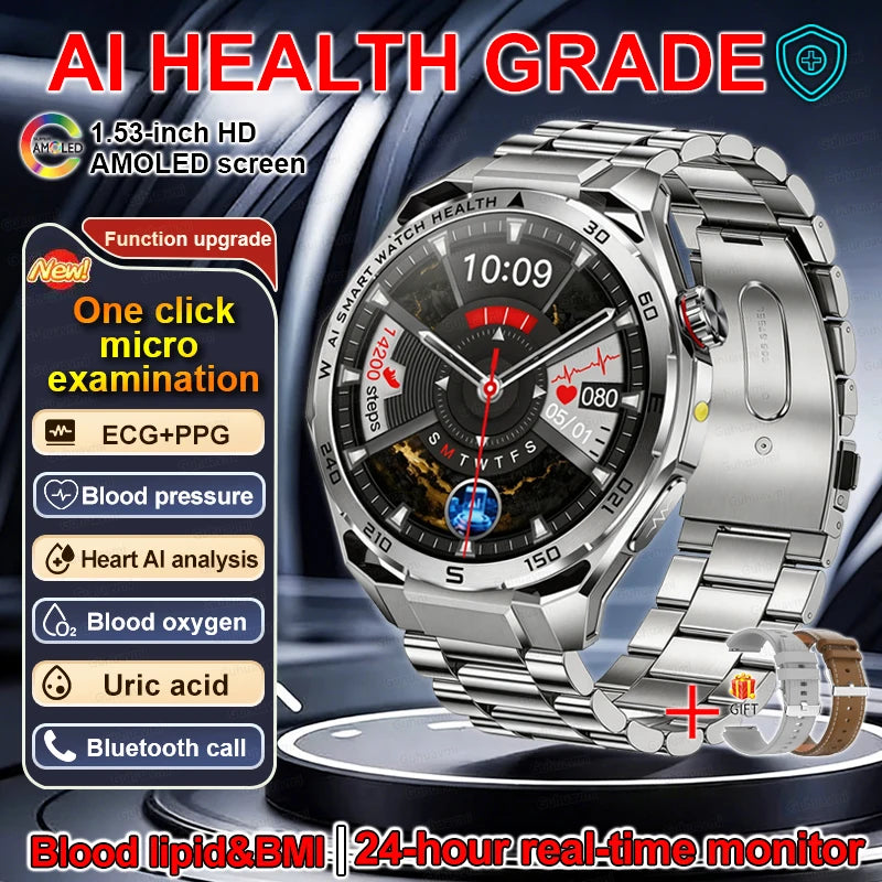 Smart Watch Men High-end Health Blood Pressure Blood Oxygen Lipids Uric Acid Sapphire Smart Watches Ai GPT Custom Dial ECG 2026
