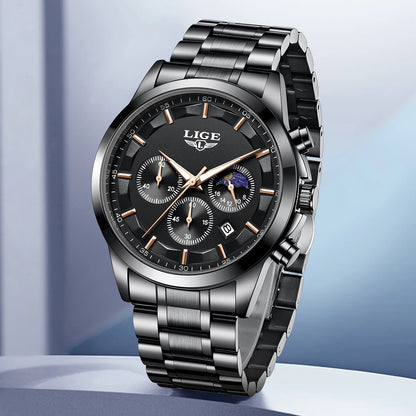 Pánske hodinky LIGE – luxusný quartzový chronograf, vodotesný (3 bary), s luminiscenčnými ručičkami
