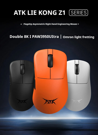 Mouse gaming wireless ATK Z1 Pro Max Ultra con piedini personalizzati, PAW3950, Ultra Smart Speed Wireless, polling rate 8k, latenza ridotta 0.39ms