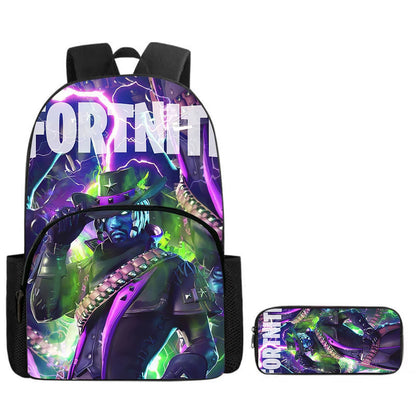 Fortnite Cartoon 2-Piece Set Backpack with Front Pocket Pencil Case Unisex Large Capacity School Bag Ages 5-8