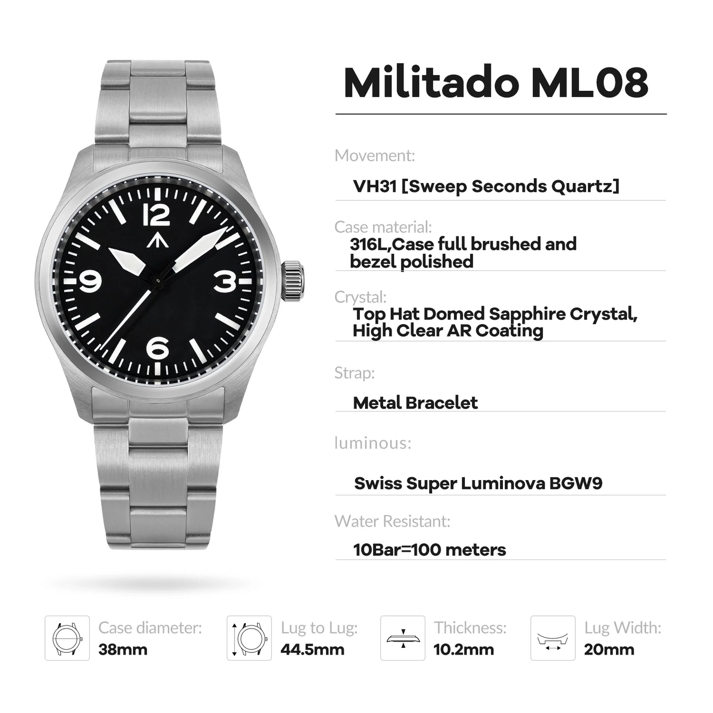 Militado ML08 V2 Vintage Quartz Watch Military VH31 Movement  Double Sapphire Crystal C3 BGW-9 Luminous Waterproof 38mm Watch