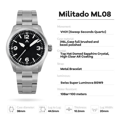 Militado ML08 V2 Vintage Quartz Watch Military VH31 Movement  Double Sapphire Crystal C3 BGW-9 Luminous Waterproof 38mm Watch