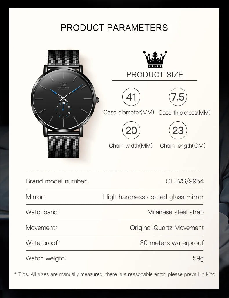 OLEVS 9954 Fashion Men's Watches Minimalism Ultrathin Original Quartz Wristwatch Waterproof Watch for Man Luminous Casual Mesh