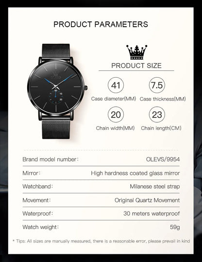 OLEVS 9954 Fashion Men's Watches Minimalism Ultrathin Original Quartz Wristwatch Waterproof Watch for Man Luminous Casual Mesh
