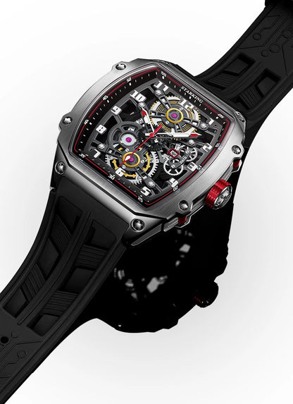 STARKING Luxury Men’s Automatic Mechanical Watch Skeleton Dial Silicone Band Tonneau Design Waterproof Luminous Sport Wristwatch