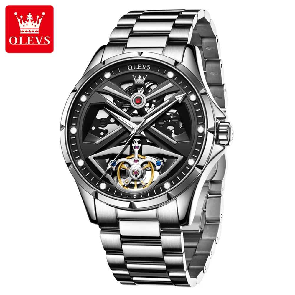 OLEVS 6655 herenhorloge, volledig automatisch skeletmodel; luxe mechanisch polshorloge, verlicht en waterdicht.