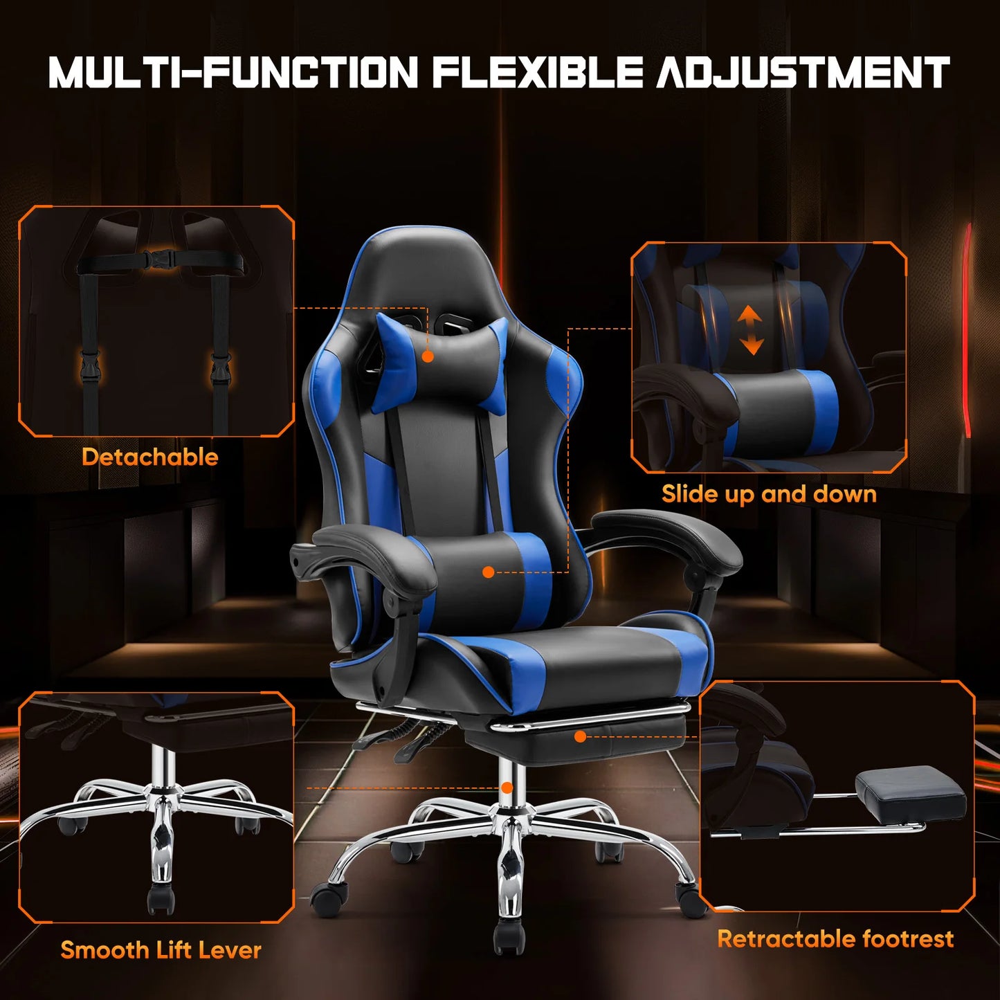 JHK Ergonomic Racing Gaming Chair Adjustable Swivel PU Leather with Headrest and Lumbar Support for Office Computer Living Room