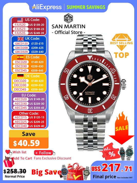 San Martin New 40mm BB Diver Watch Top Brand Classic Mens Watches NH35 Automatic Mechanical Sapphire Waterproof Reloj SN0128