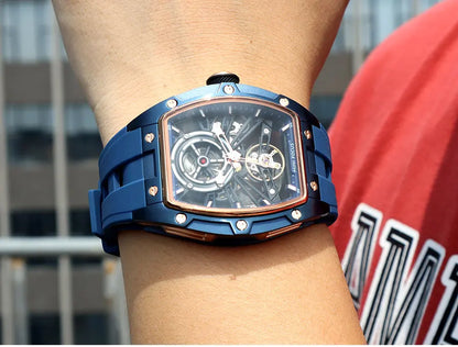 MINI FOCUS Men's Wristwatch Fashion Black Waterproof Automatic Mechanical Watch with Luminous Hands Silicone Strap Tonneau Dial