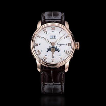 Sugess Moonphase Watch of Men 40mm Automatic Mechanical Wristwatches Seagul ST2528 Movement Stainless Steel Blue Sandstone Dial