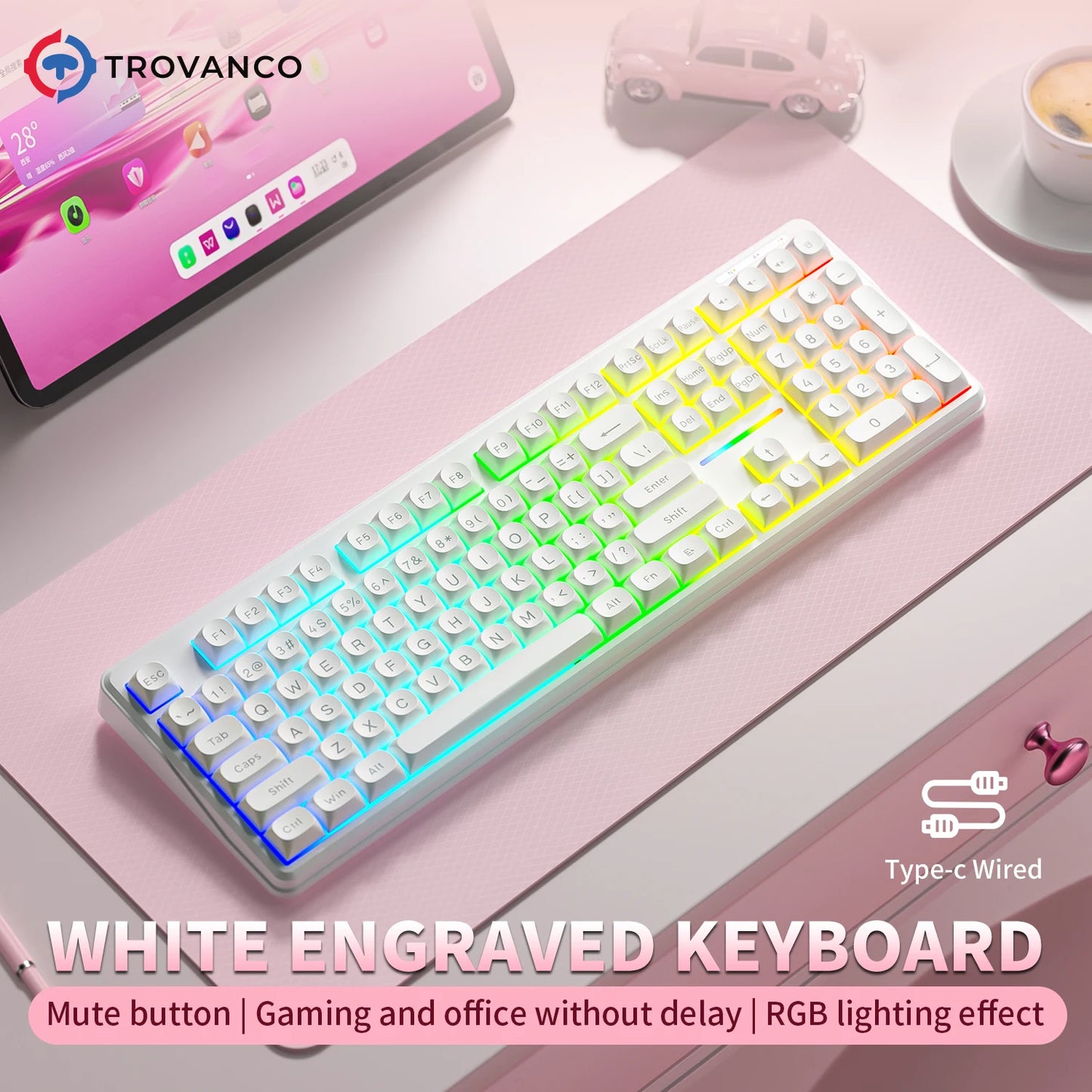 Tastiera Bluetooth V108 Pro Office a bassa rumorosità 2.4G cablata e wireless, layout completo con membrana retroilluminata RGB