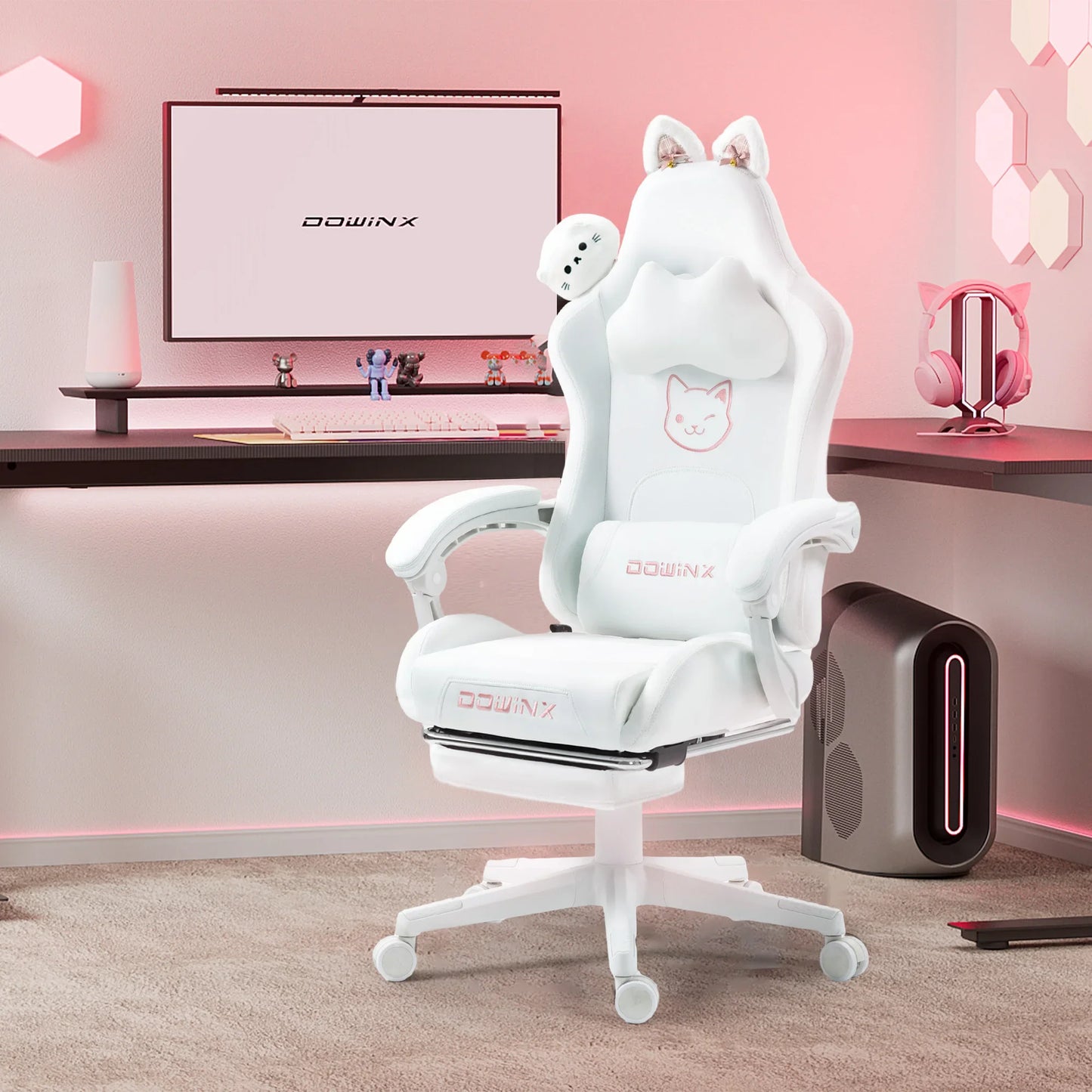 Sedia da gaming carina con orecchie da gatto, poggiapiedi, rosa kawaii, sedia per computer ergonomica con schienale alto, seduta gamer e supporto lombare a zampa di gatto