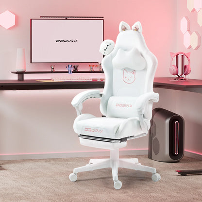 Sedia da gaming carina con orecchie da gatto, poggiapiedi, rosa kawaii, sedia per computer ergonomica con schienale alto, seduta gamer e supporto lombare a zampa di gatto