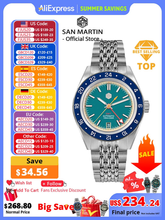 San Martin Original Design Fashion GMT 39.5mm Men Sports Watch Japan NH34 Automatic Mechanical Waterproof 100m SN0116 Reloj
