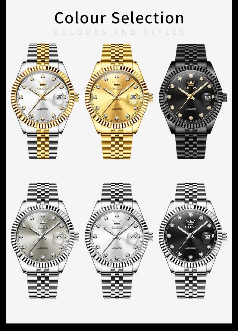 OLEVS New Automatic Watches Man Original Luxury Diamond Dial Stainless Steel Waterproof Auto Date Mechanical Watch for Men 6743