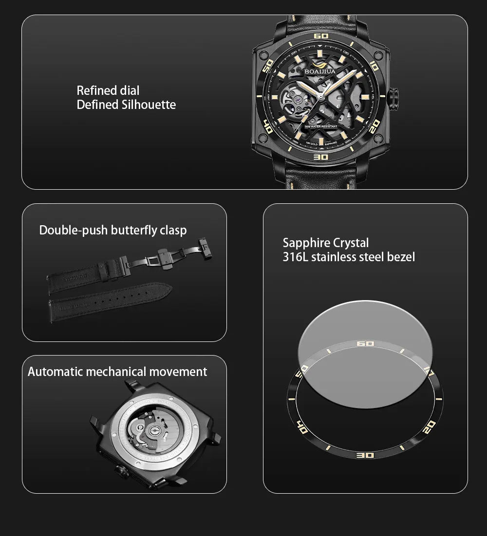 BORIAGE(BOAIJIUA) Men's Fully Automatic Mechanical Watch Original Design Cut out 50m Water Resistant Luminous Wristwatch