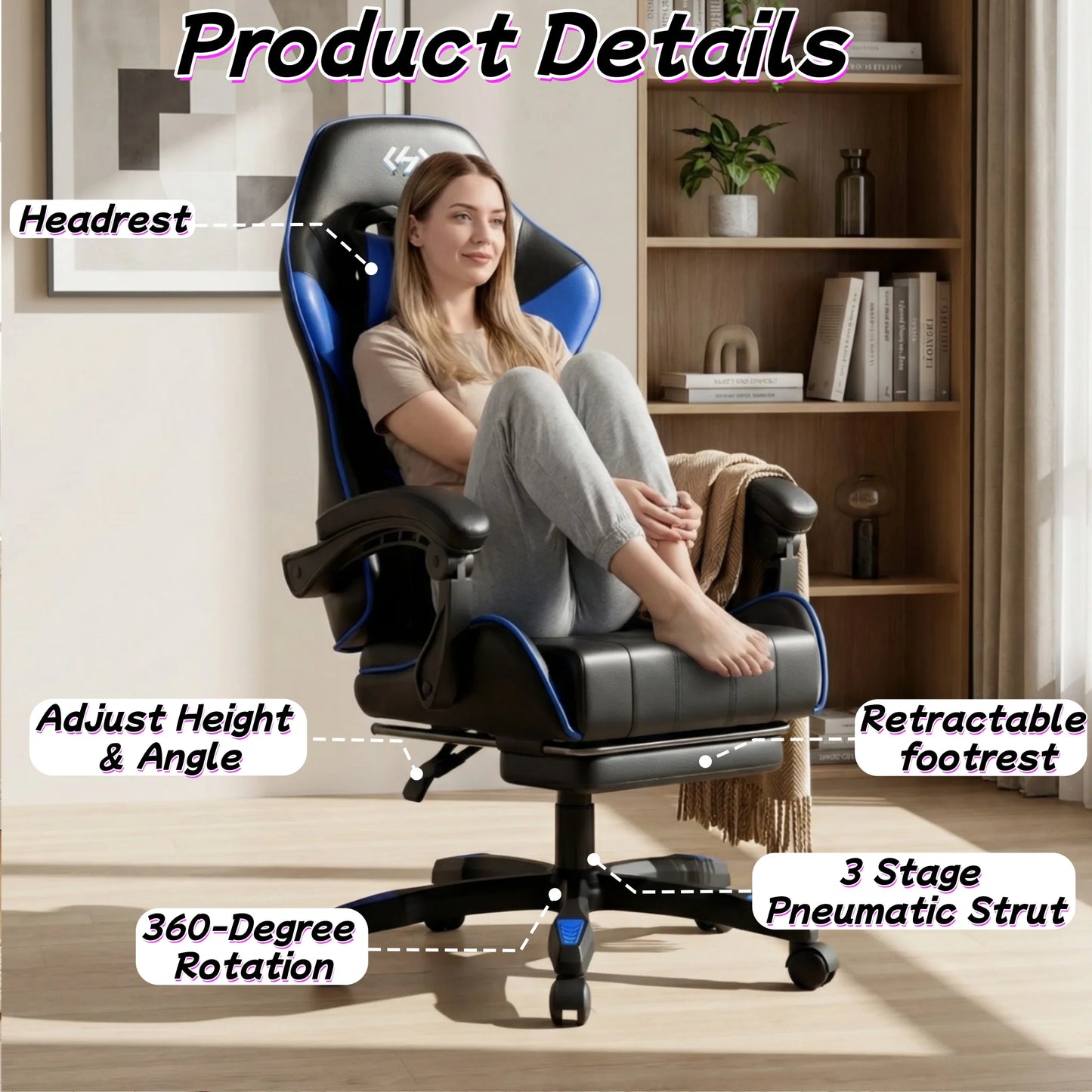 Cadeira gaming ergonómica, cadeira de escritório para computador com apoio para os pés e apoio de cabeça, cadeira de escritório para adulto com altura e encosto ajustáveis