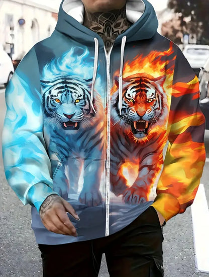 Sweatshirt com capuz e fecho para homem 2025, manga comprida, gráfico de tigre, estilo casual outdoor, com cordão e bolsos