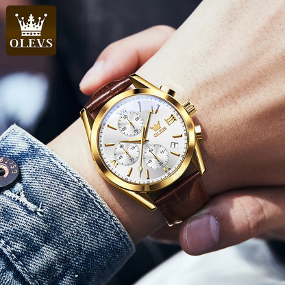 OLEVS 2872 Men’s Chronograph Wristwatch – Leather strap, water-resistant, luminescent hands, quartz movement, luxury sports style