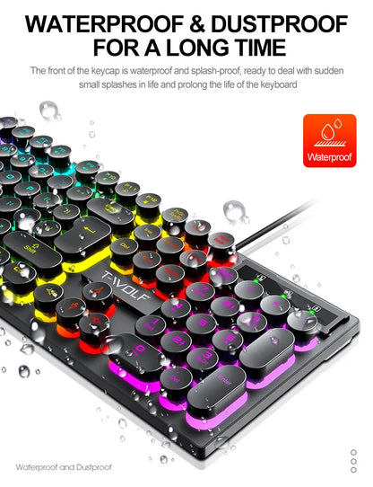 Typewriter style Mechanical feel Gaming Keyboard, Wired, RGB Backlit, Round Keycaps Mouse and Keyboard Bundle Waterproof 104-Key