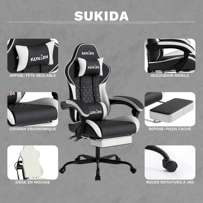 SUKIDA Ergonomic Gaming Chair with Footrest, Lumbar Support Computer Chair, Comfortable Office Chair with Adjustable Reclining Backrest