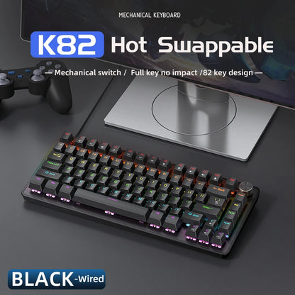 APAYADO 75% Gaming Keyboard Wired with Metal Knob, Hot-Swap K82 Black Mechanical Keyboard, ABS Transparent Character RGB