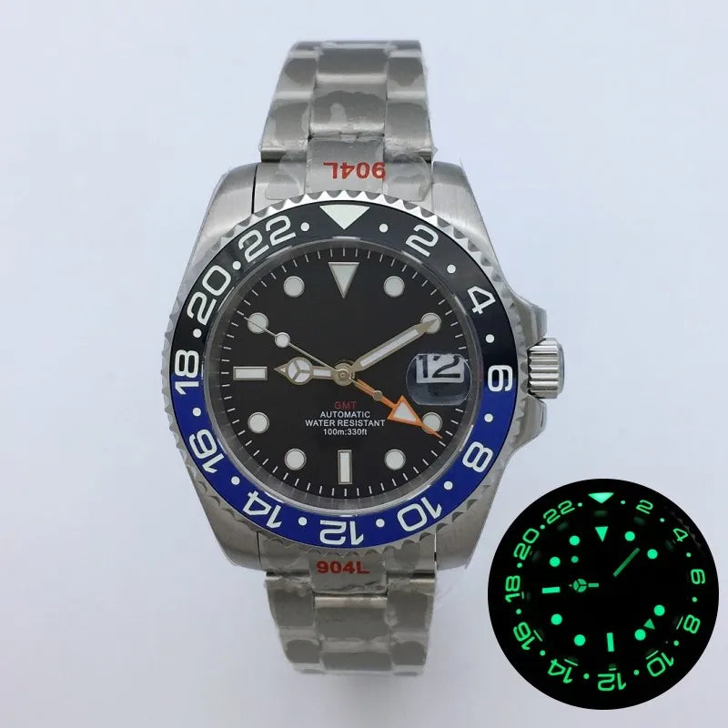 BLIGER 40mm NH34 GMT Watch For Men Mechanical Wristwatch Luminous Bezel Sapphire Glass Stainless Steel Bracelet Men's Watch