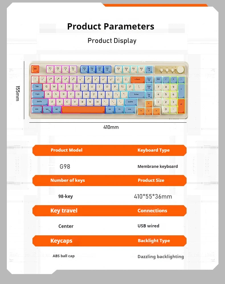 EWEADN G98 Gaming Office Keyboard, film with rainbow Backlit USB Wired Computer External Quiet, Digital area, Digh appearance