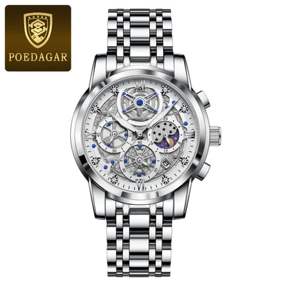 POEDAGAR Top Fashion Men's Watches Stainless Steel Date Chronograph Business Quartz Men Wristwatch Waterproof Luminous Man Watch
