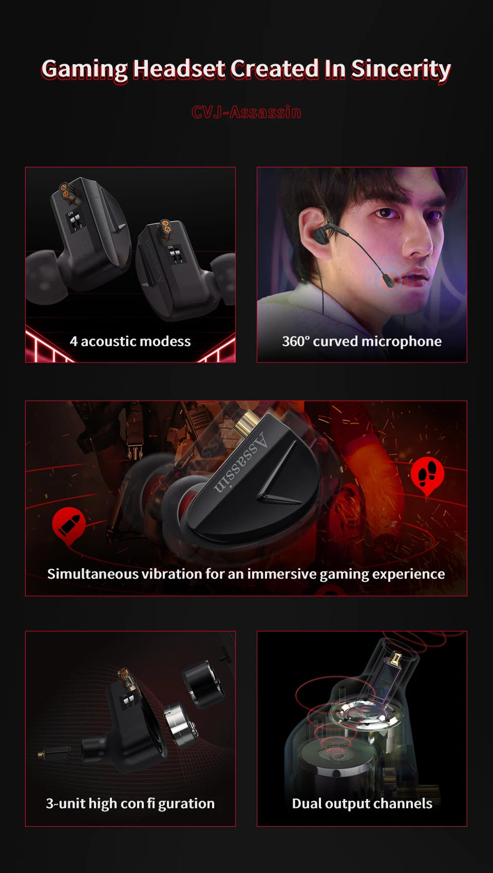 CVJ Assassin Earphones 1BA+1DD+1Vibration Switch Adjustable Gaming E-sports In-Ear 3.5mm&Type-C Hifi Headphones