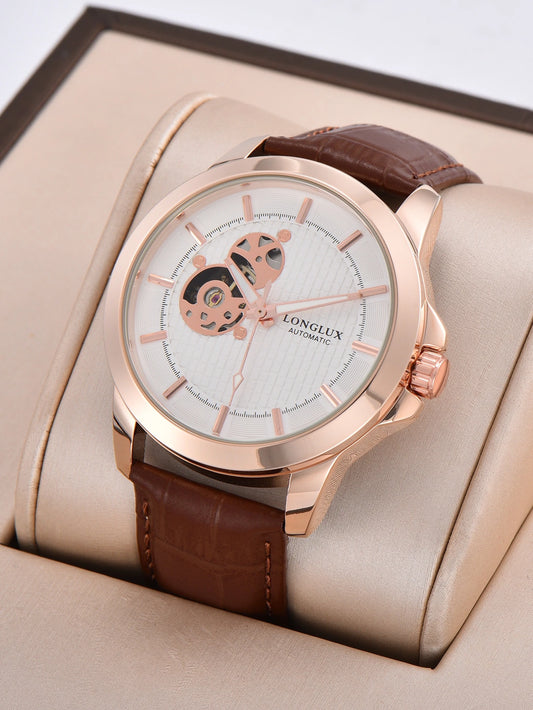 Automatic Watch Minimalist Elegant Everyday Skeleton Waterproof Mechanical Watches Rose Gold Leather Mens Watch Men Gift for Him