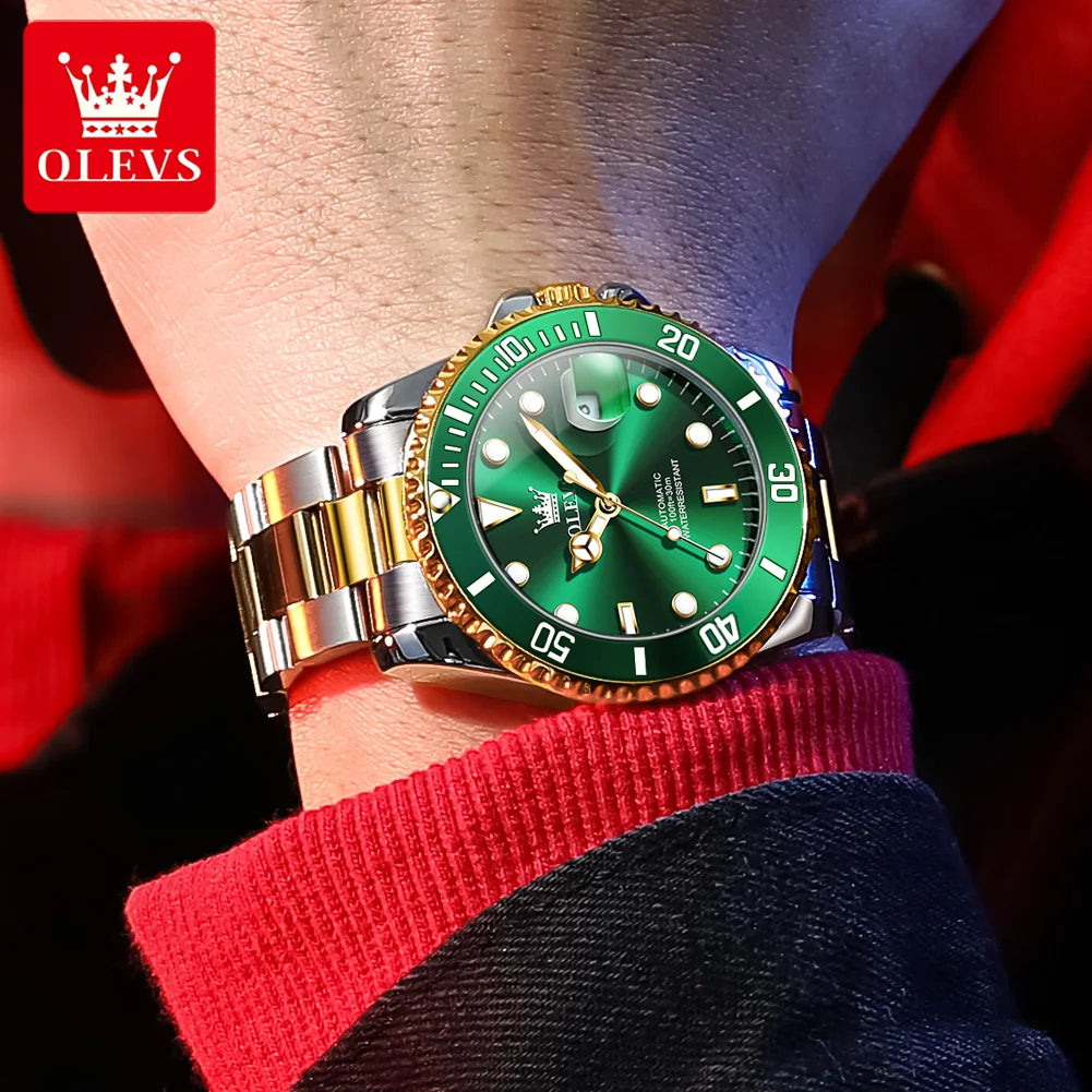 Relógio mecânico automático de luxo para homem OLEVS 6650 – Estanque, luminescente, bracelete em aço – Relógio de pulso para homem, estilo profissional, marca de prestígio
